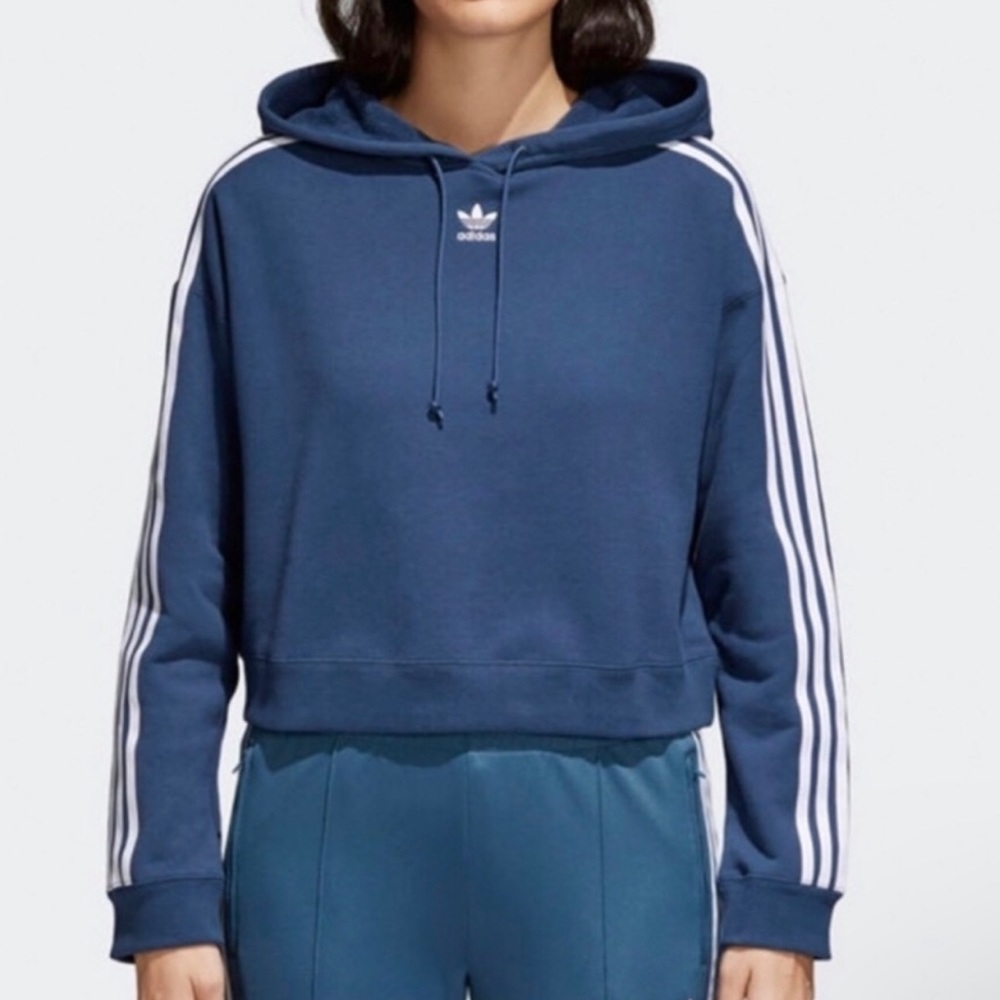 ADIDAS Originals Crop Hoodie 3-Stripes Blue Women's Size Small
